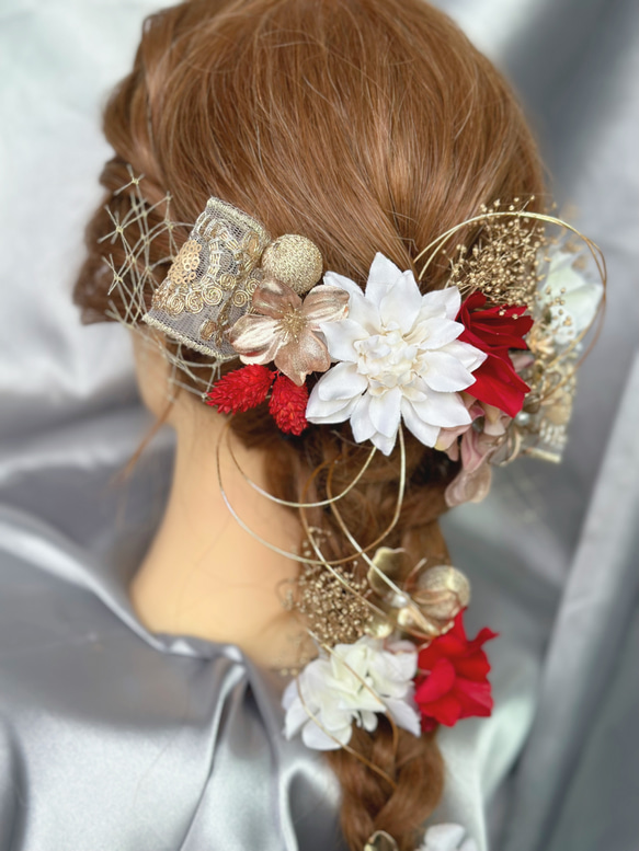 【新作】赤✖️ゴールド　編みおろし　刺繍リボ　成人式髪飾り　結婚式　卒業式　アメリカンフラワー　ラプンツェル　レッド 3枚目の画像