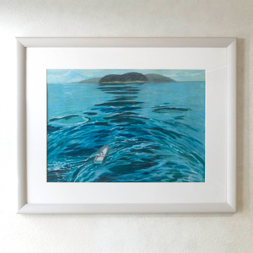 絵画 油彩画】タイトル『来島海峡と浮かぶ離れ舟』作品サイズ44×34.9