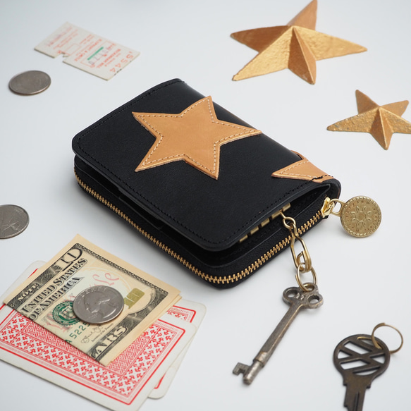 キーウォレット [ キーケース + ミニ財布 ]（星型 ゴールド / ブラック）本革 コンパクト スター 2枚目の画像