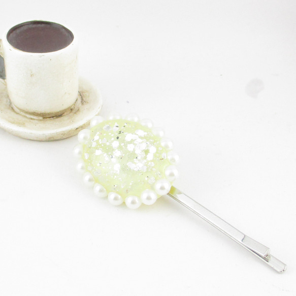 クォーツが光る夏空に、ミモザなオーバルがとても清々しい♪<1点ものヘアピン>HP143 2枚目の画像