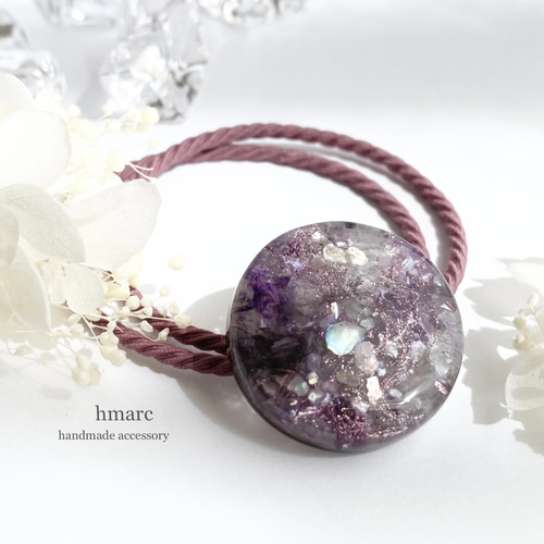 旧★ハンドメイド　レジンヘアゴム　くすみピンク　ラタン　大ぶり　夏 夏いろ ／ 大人 レジン ヘアゴム（ポニーフック） ／ アメジスト