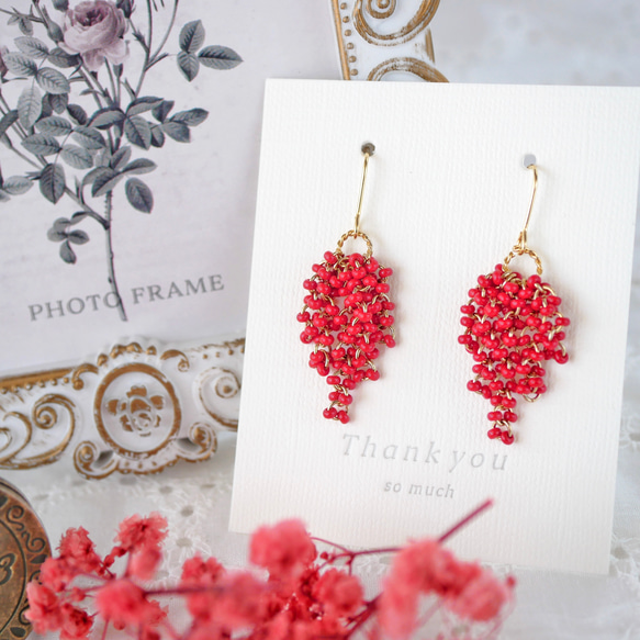 レッド ビーズ タッセル フリンジ ピアス イヤリング p225 ピアス