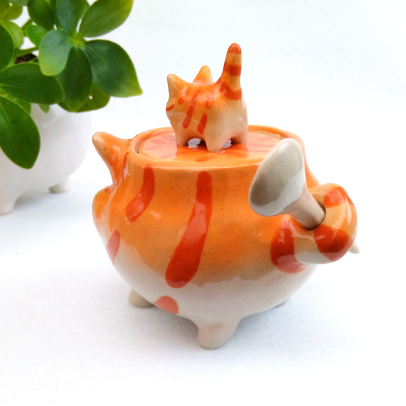 Nakayoshi 虎斑貓親子糖罐帶勺子 80ml 本若貓陶器定做 第5張的照片