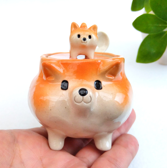 なかよし柴犬親子シュガーポット・スプーン付 ８０ml 　動物の陶器　受注制作 1枚目の画像