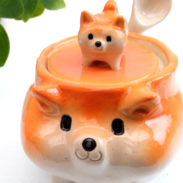なかよし柴犬親子シュガーポット・スプーン付 ８０ml 　動物の陶器　受注制作 5枚目の画像