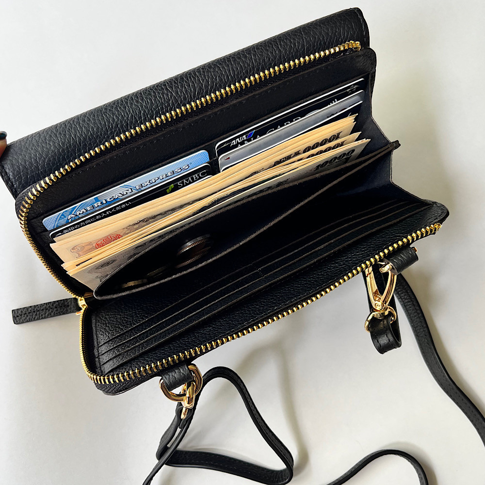 高級本革　　お財布ショルダー　L字型長財布　お財布ポシェット　ブラック