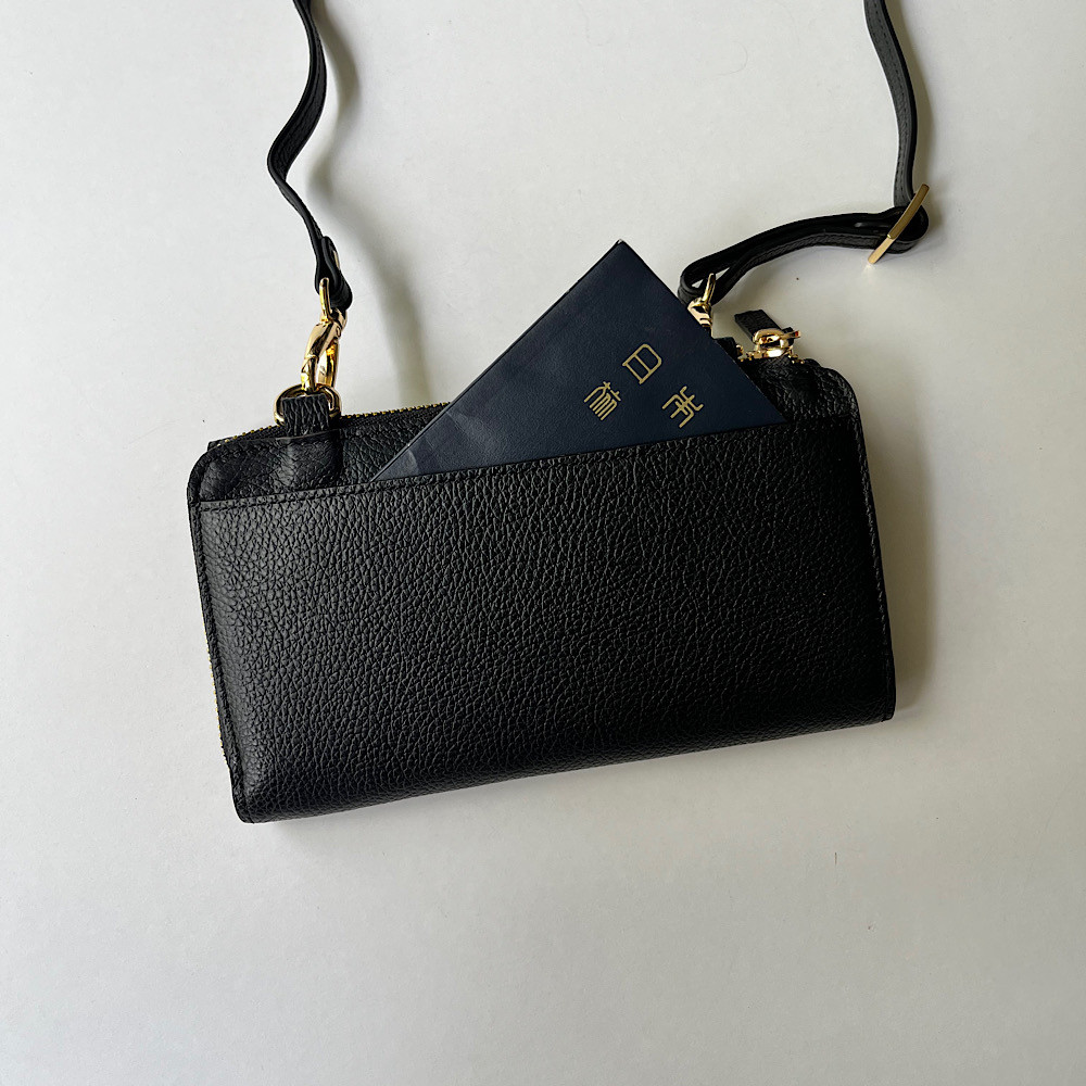 高級本革　　お財布ショルダー　L字型長財布　お財布ポシェット　ブラック