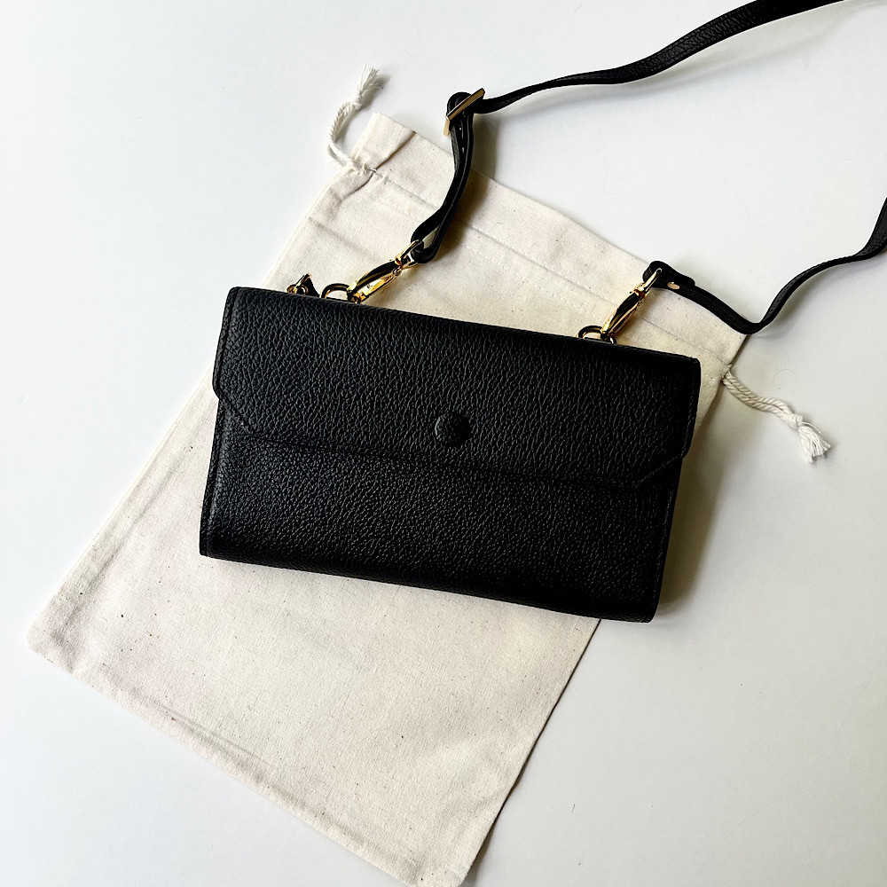 高級本革　　お財布ショルダー　L字型長財布　お財布ポシェット　ブラック