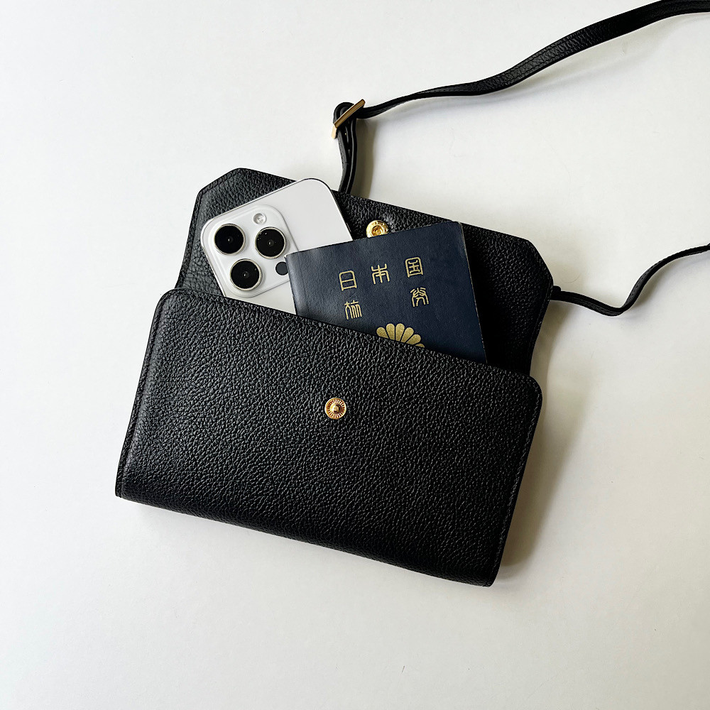 高級本革　　お財布ショルダー　L字型長財布　お財布ポシェット　ブラック