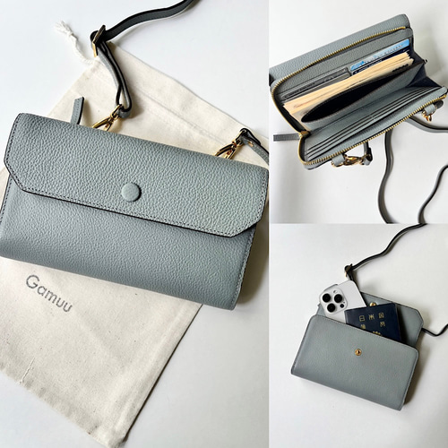 FURLA ブルーグレー ウォレット　お財布ショルダー 高級本革 お財布ショルダー L字型長財布 お財布ポシェット