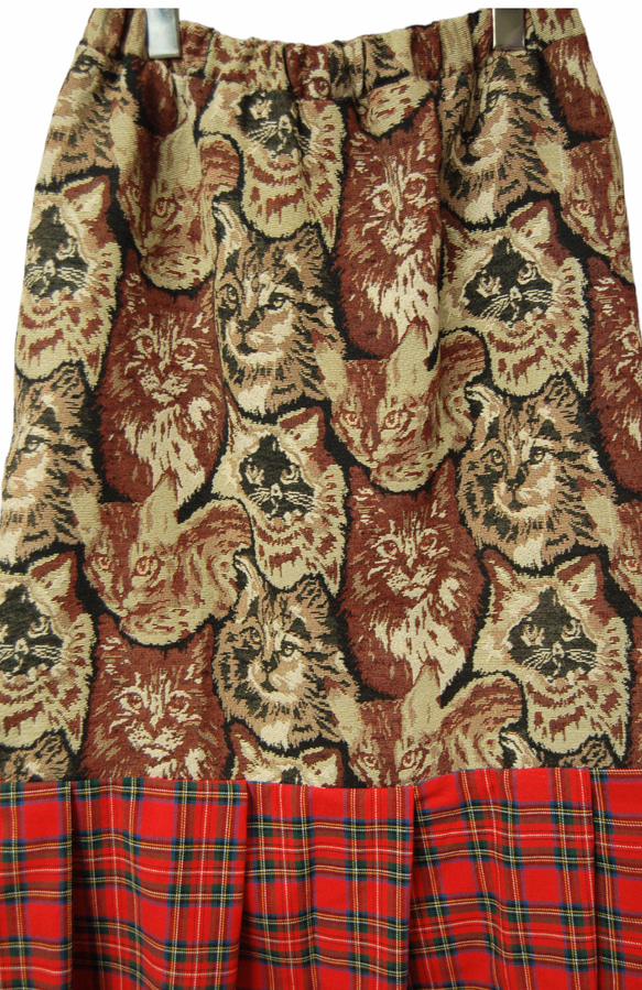 猫柄ゴブラン織り×タータンチェック　裾プリーツロングスカート 6枚目の画像