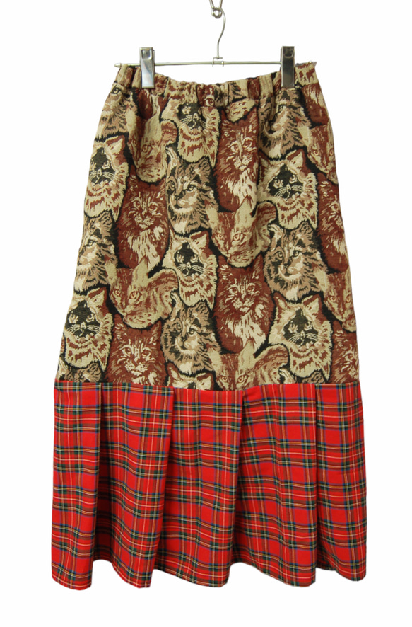 猫柄ゴブラン織り×タータンチェック　裾プリーツロングスカート 3枚目の画像