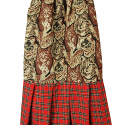 猫柄ゴブラン織り×タータンチェック　裾プリーツロングスカート 1枚目の画像