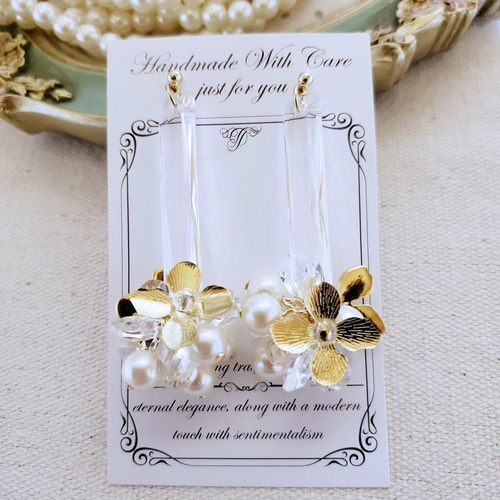 メタルflower×クリアビーズのジャラジャラ ピアス/イヤリング