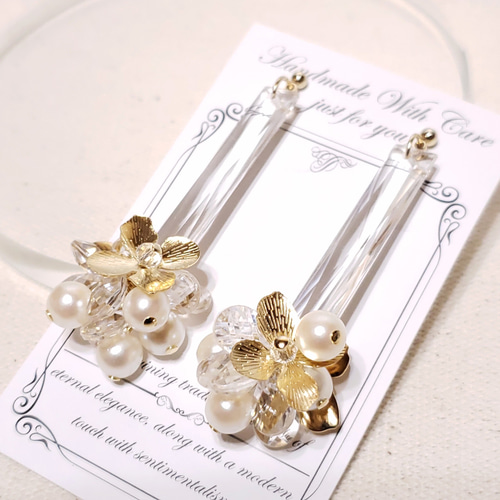 メタルflower×クリアビーズのジャラジャラ ピアス/イヤリング