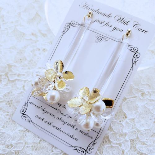 メタルflower×クリアビーズのジャラジャラ ピアス/イヤリング