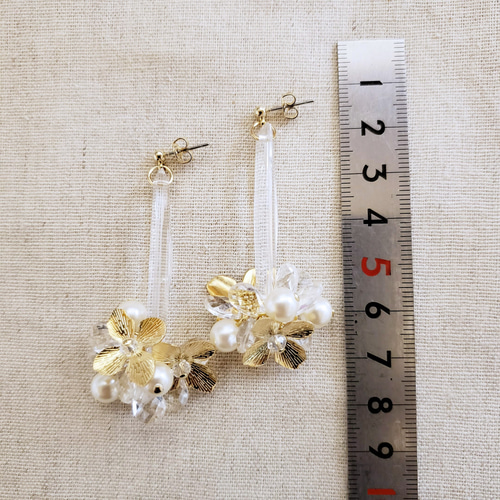 メタルflower×クリアビーズのジャラジャラ ピアス/イヤリング