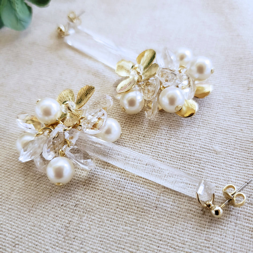 メタルflower×クリアビーズのジャラジャラ ピアス/イヤリング