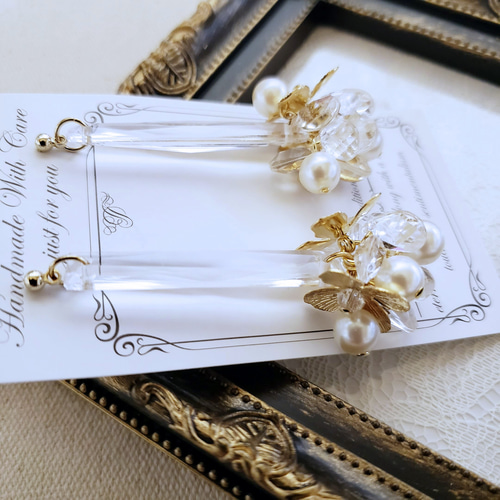 メタルflower×クリアビーズのジャラジャラ ピアス/イヤリング