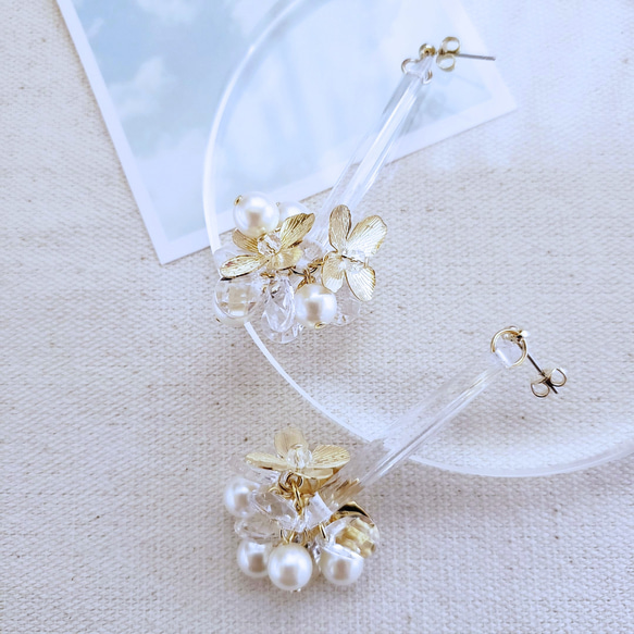 メタルflower×クリアビーズのジャラジャラ ピアス/イヤリング