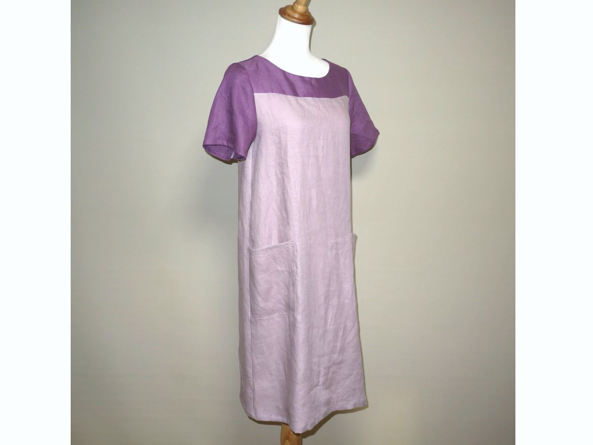 リネン◆ヨークワンピース　半袖（ツートン）◆ライトパープル×オールドモーブ◆S・M・L（中厚リネン100％）