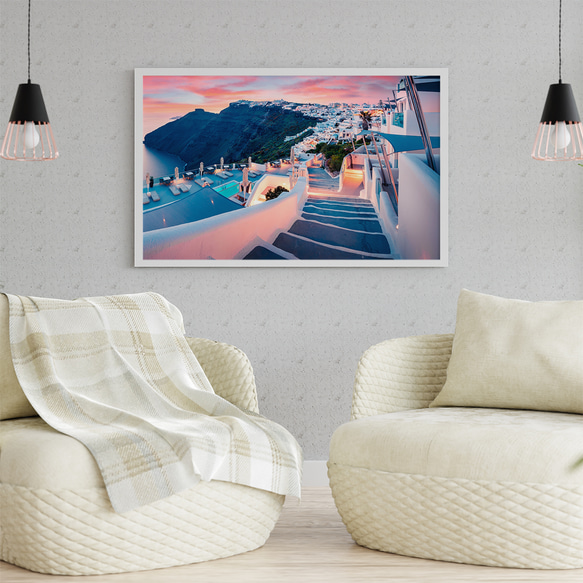 希臘海岸線粉紅天空風景畫/室內海報外國藝術/2111 第3張的照片