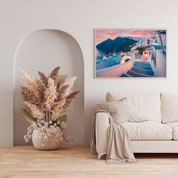 希臘海岸線粉紅天空風景畫/室內海報外國藝術/2111 第4張的照片