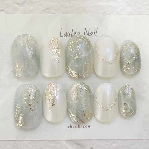 ネイルチップ/グリーン/ホワイト/ゴールド/ニュアンスネイル