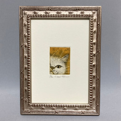 銅版画「Ciao！」白猫 yellow   額付 2枚目の画像