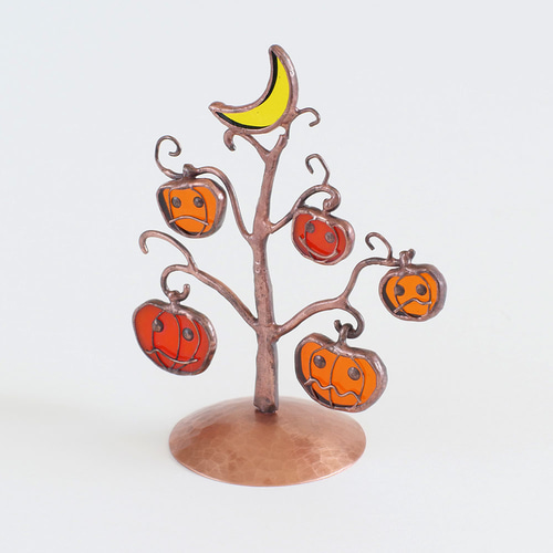 ハロウィン かぼちゃお化けの木 （銅ベース） ステンドグラス