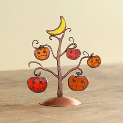 ハロウィン かぼちゃお化けの木 （銅ベース） ステンドグラス