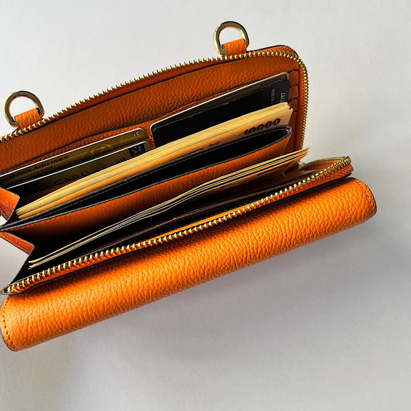 本革　超軽量 お財布ショルダースマホショルダー　L字型財布　お財布ポシェット　長財布　オレンジ 5枚目の画像
