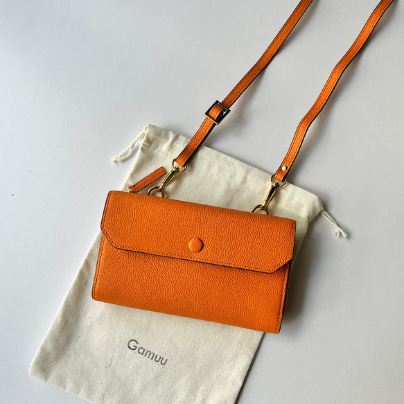 本革　超軽量 お財布ショルダースマホショルダー　L字型財布　お財布ポシェット　長財布　オレンジ 7枚目の画像