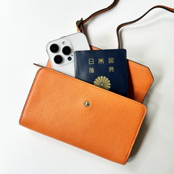 本革　超軽量 お財布ショルダースマホショルダー　L字型財布　お財布ポシェット　長財布　オレンジ 2枚目の画像