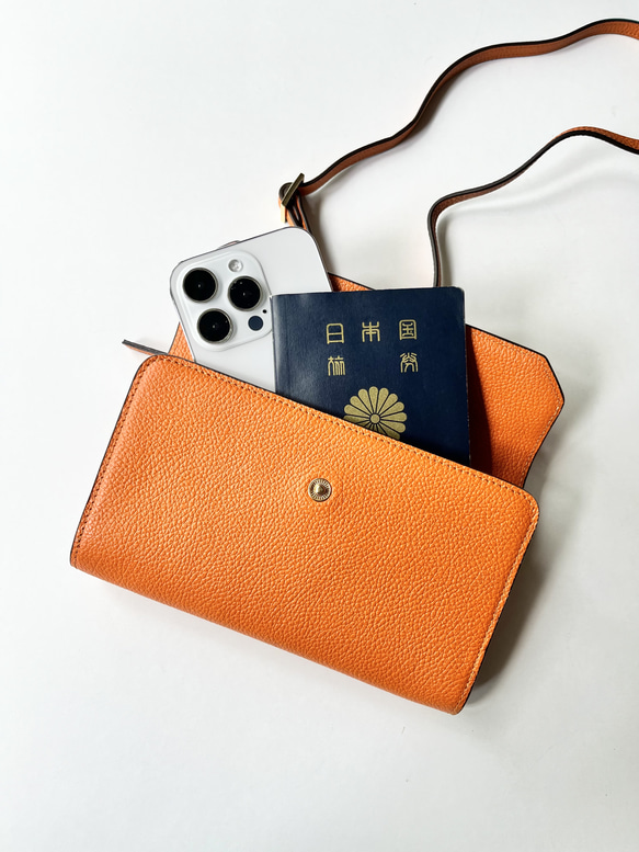 本革　超軽量 お財布ショルダースマホショルダー　L字型財布　お財布ポシェット　長財布　オレンジ 2枚目の画像