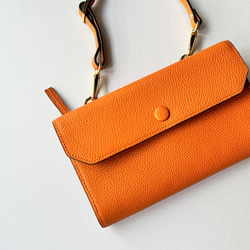本革　超軽量 お財布ショルダースマホショルダー　L字型財布　お財布ポシェット　長財布　オレンジ 6枚目の画像
