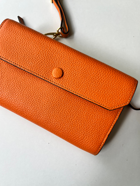 本革　超軽量 お財布ショルダースマホショルダー　L字型財布　お財布ポシェット　長財布　オレンジ 3枚目の画像
