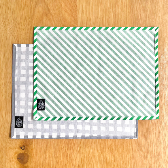 ランチョンマット★CHECK × STRIPE -Green- 名前テープ・サイズ変更可 6枚目の画像