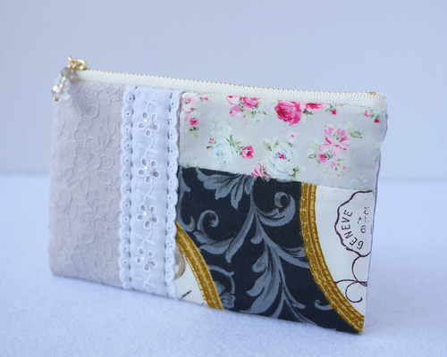 hina009様、専用。パッチワークのフラットポーチ （グレー系