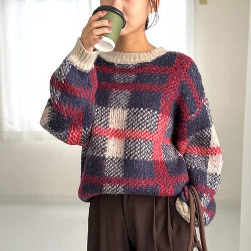 再販】顔周りが明るく見える主役級ニット チェック柄 オーバーサイズ