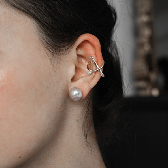 個性的 ジルコニアスティックとパールのイヤーカフ シルバー925