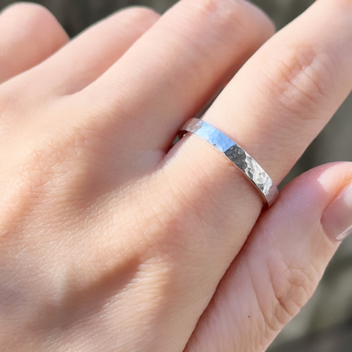 槌目リング3mm幅フラット】高純度シルバー1000 純銀 平打ち 文字刻印