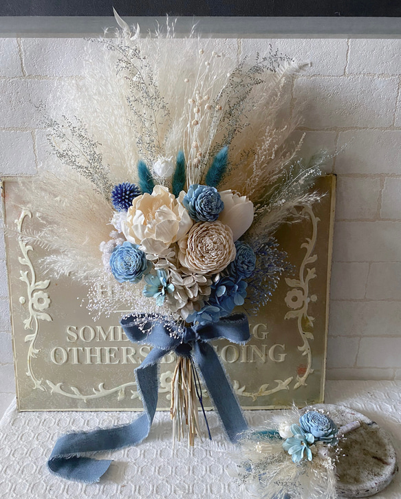 ◆ドライフラワーブーケ＊前撮り＊ウェディングブーケ＊ネイティブフラワー＊結婚式 受注作成】ドライフラワーウェディングブーケ＆ブートニア 結婚式 前撮り