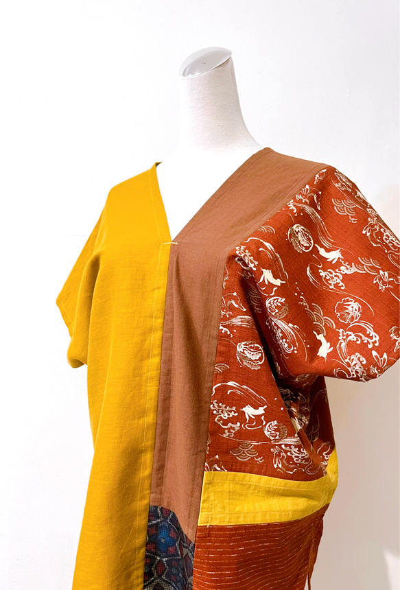 Jul&#39;s * Weiyi * ユニークな裾非対称日本の伝統的な中秋節玉兎秋の香りのカラーパッチワークスクエアドレススク 6枚目の画像