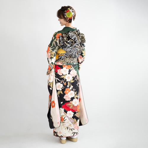 グリーン・カーキ・黄緑の成人式振袖髪飾りM】ドライフラワー風ヘッド