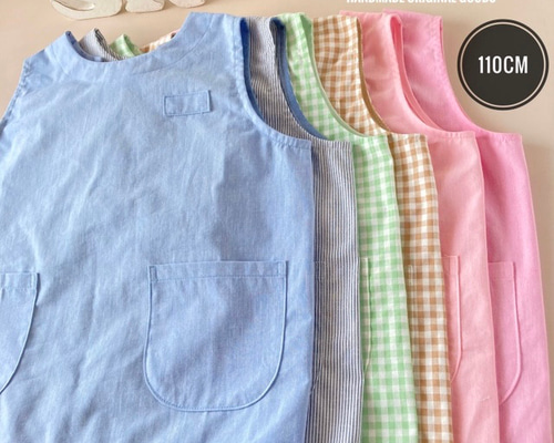 ミモザ 後ろゴム 袖なしスモック 再販☆110cm☆すぐに発送できる袖無しスモック☆ ＃後ろゴム