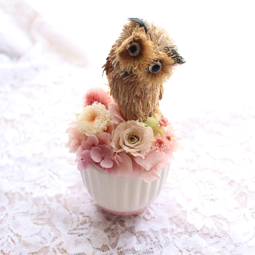 ふくろうミニアレンジ 藁 プリザーブドフラワー フクロウ パステル