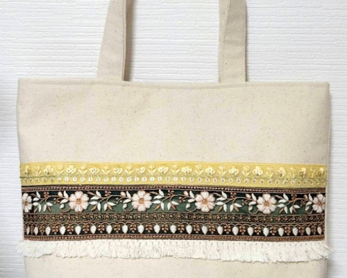 インド刺繍リボンキャンバストートバッグ トートバッグ みっきー
