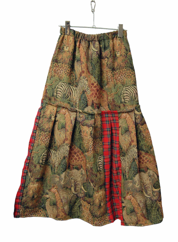 アニマルサファリ　ゴブラン織り×タータンチェック　裾プリーツロングスカート 3枚目の画像