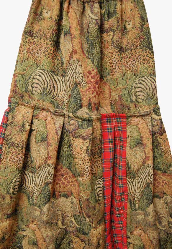 アニマルサファリ　ゴブラン織り×タータンチェック　裾プリーツロングスカート 6枚目の画像